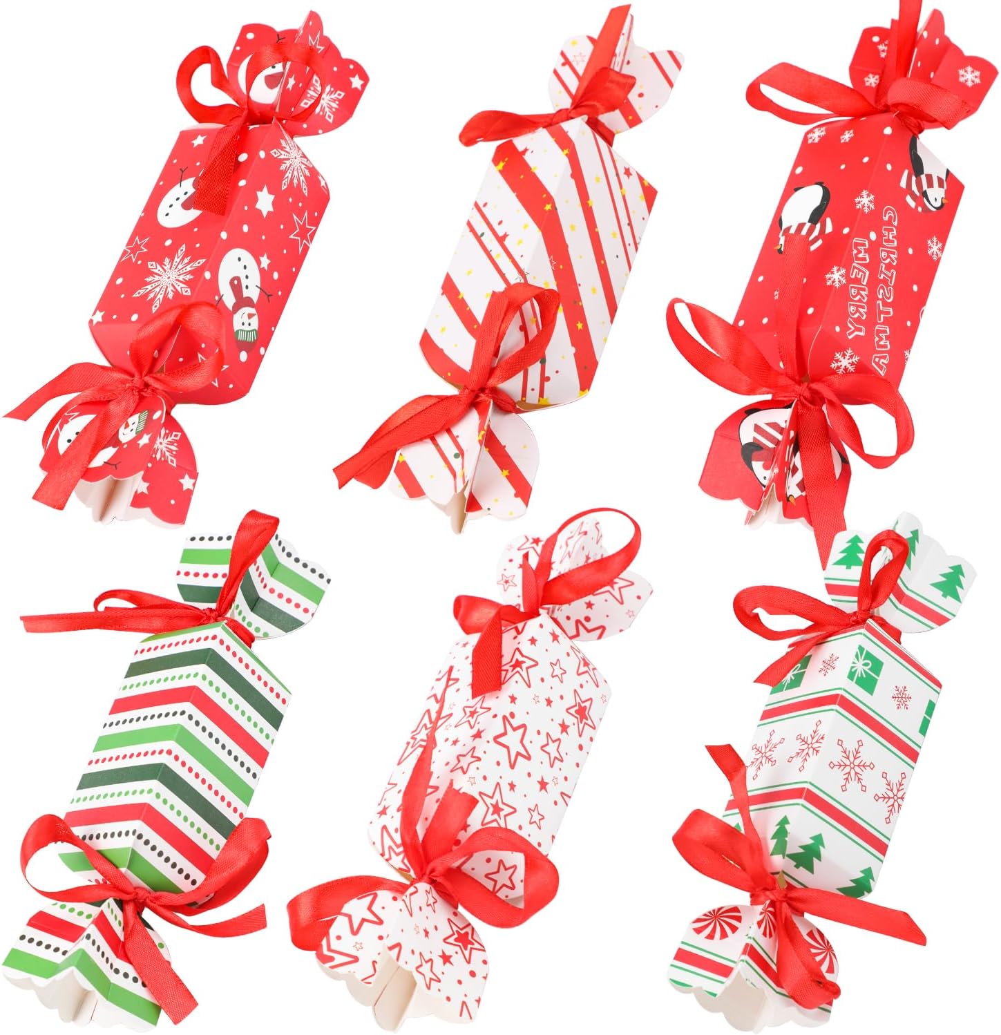 STEFORD Christmas Candy Paper Gift Boxes, 24PCS Christmas Candy Gift Treat Bags with Red Ribbon for Xmas Party Supplies
