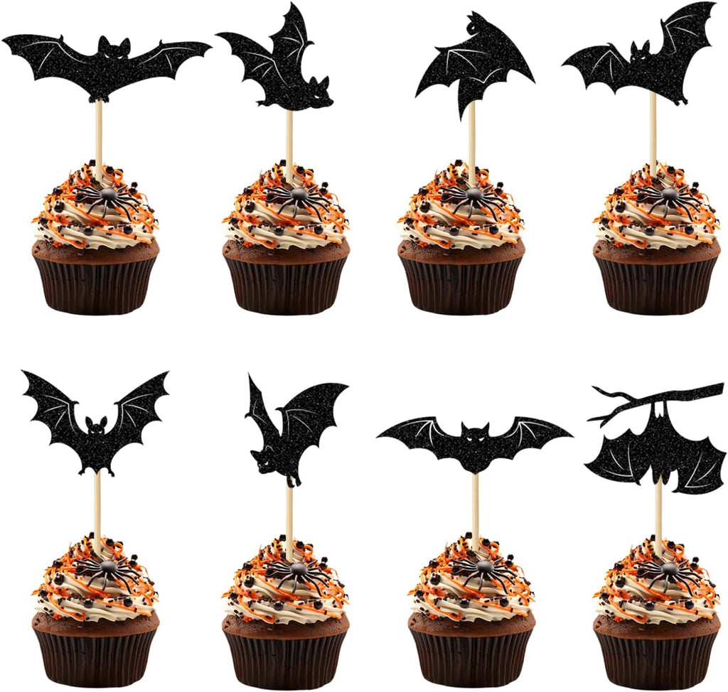 24 Pack Halloween Cupcake Toppers Set, Black Glitter Bat Cupcake Picks for Baby Shower, Halloween and Birthday Party Decorations Supplies (Bat)