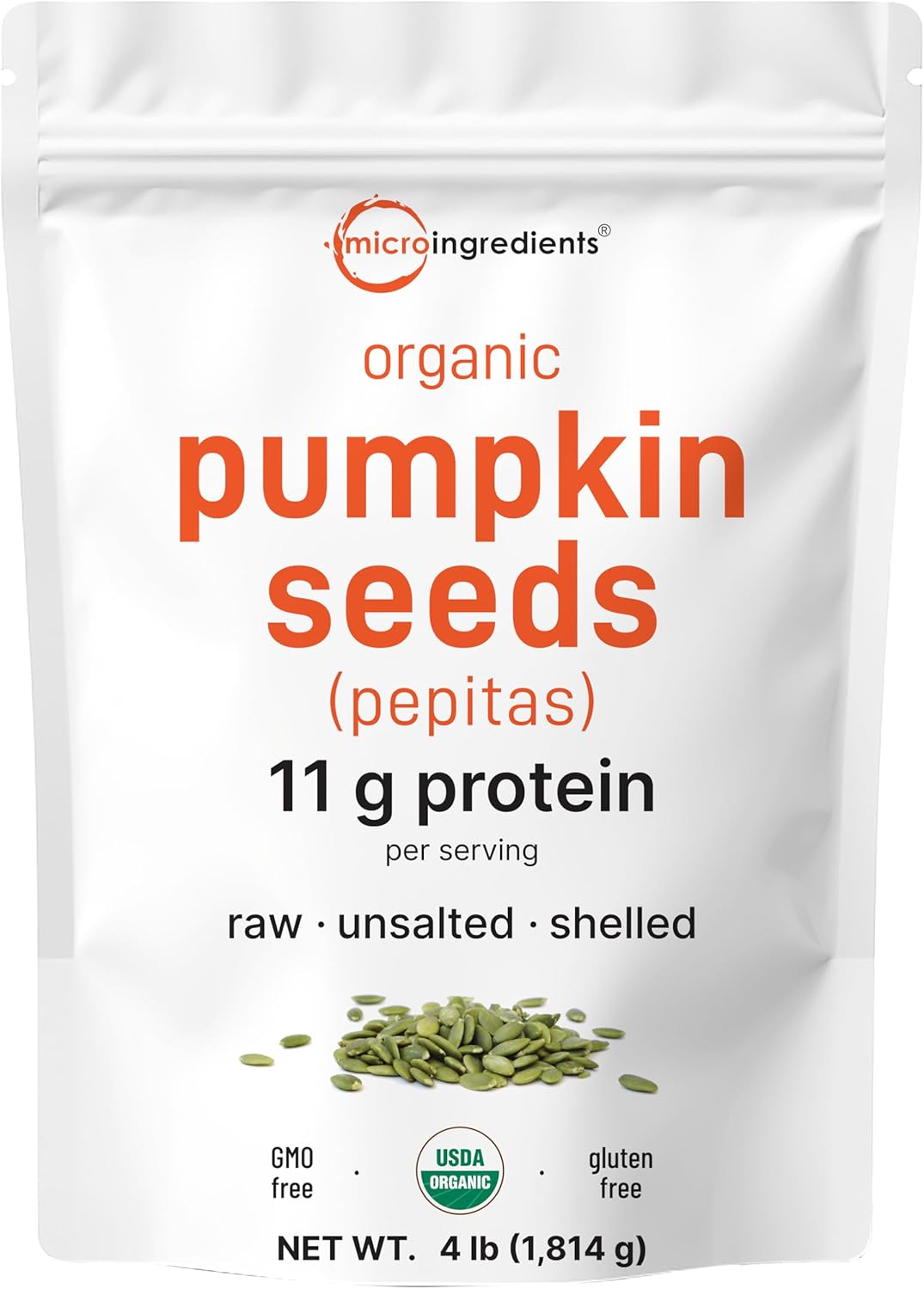 Organic Pumpkin Seeds, 4lbs | Raw, Unsalted, & Shelled – Whole Pepitas | Pumpkin Seeds to Eat | Great for Baking, Smoothies, & Salad Toppings | Natural Source of Essential Fatty Acids, Protein, & Iron