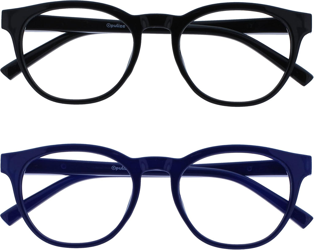 OPULIZE BLU Blue Light Blocking Reading Glasses for Women Men, Cool Round Frame with Anti-Glare Computer and Gaming Eyewear, UV and Eyestrain Protection, Black Blue +1.50 (Pack of 2)