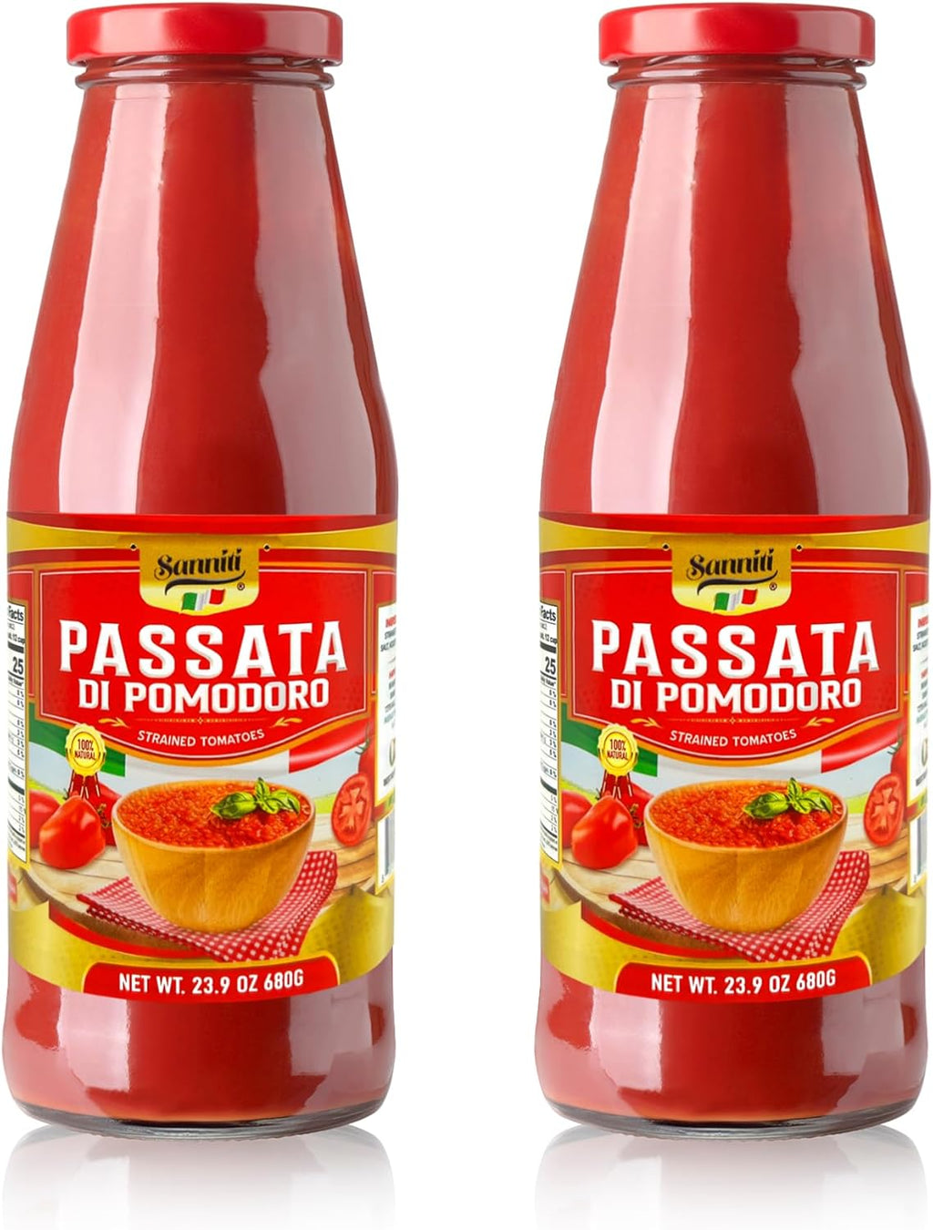 Sanniti Passata di Pomodoro | Strained Tomatoes | 100% Natural Italian Tomatoes | 23.9 oz Glass Jar| Product of Italy | No Additives or Preservatives (Pack of 2)