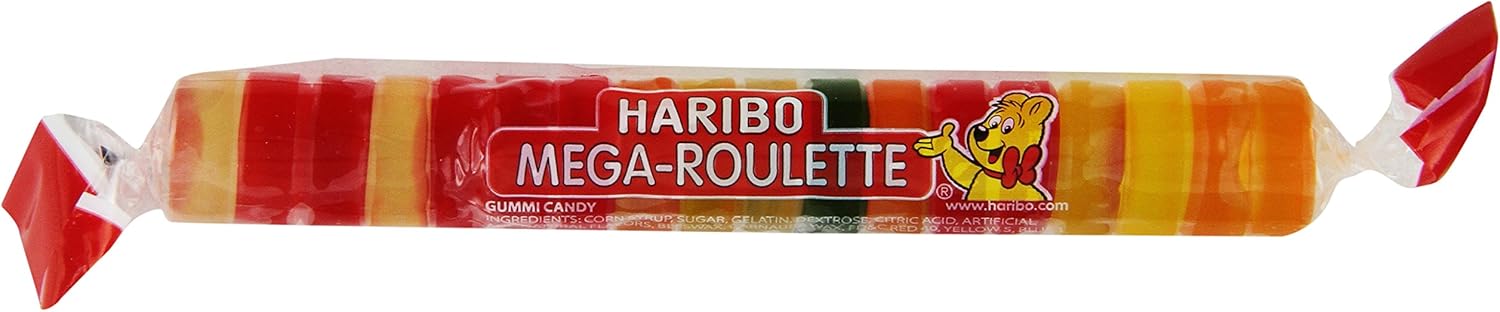 HARIBO Gummi Candy, Mega-Roulette Gummy Candy, 1.59 Ounce Rolls (Pack of 24) Delicious Soft & Chewy Sweet Snacks, Assorted Fruity Flavors
