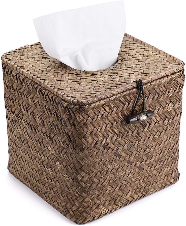 Sumnacon Tissue Box Cover Square Seagrass Tissue Box with Lid, Woven Tissue Box Holder Rustic Cube Tissue Cover for Bathroom Toilet Bedroom Living Room Kitchen Table Desk Office Car, Coffee