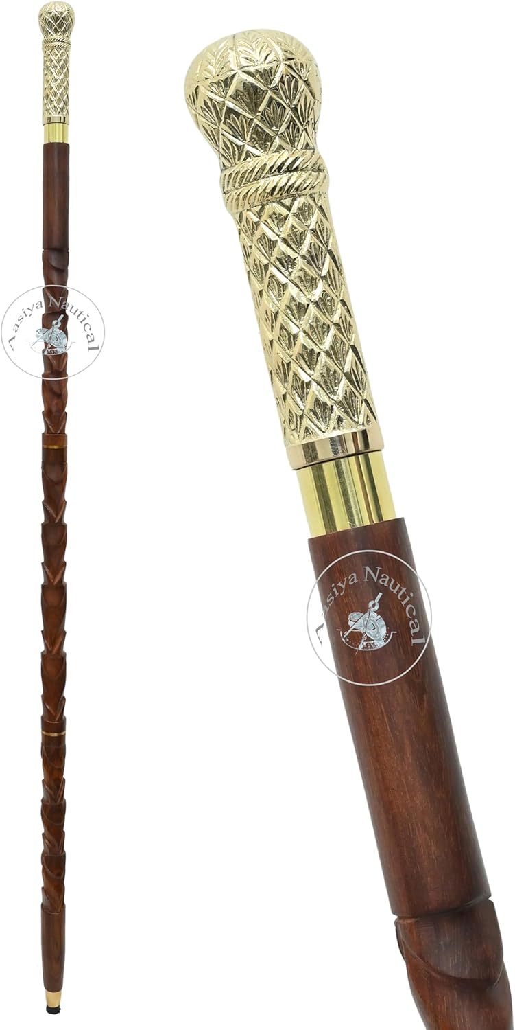 Brass Handle Walking Cane – Brown Wooden Stick with Vintage Designer Craftsmanship | Sturdy & Stylish Brass Walking Stick for Men & Women