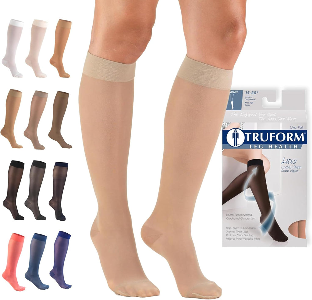 Truform Sheer Compression Stockings, 15-20 mmHg, Women's Knee High Length, 20 Denier, Nude, Small
