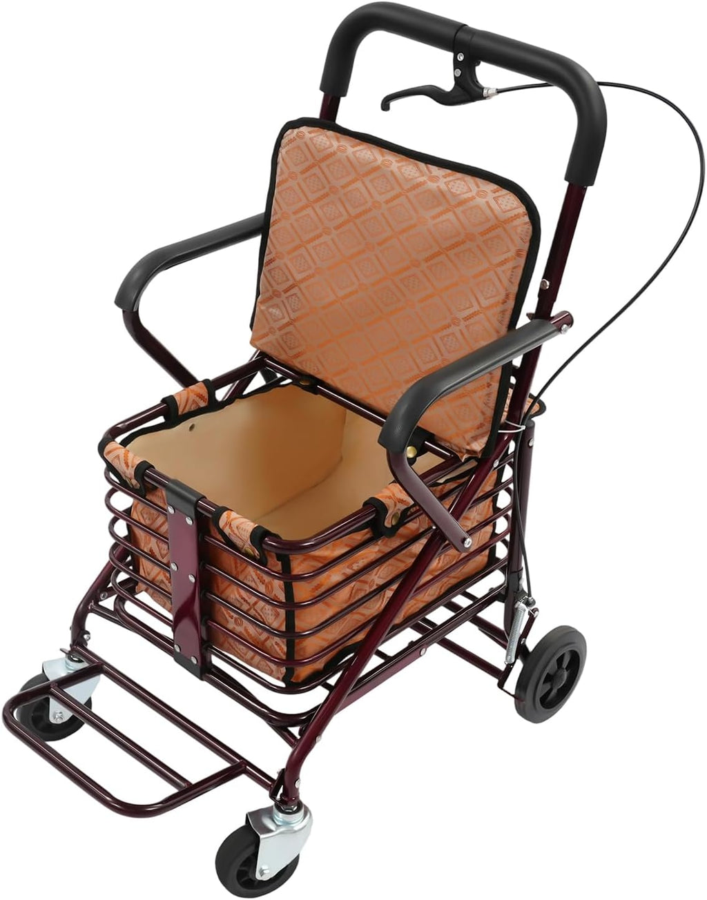 Foldable Shopping Cart with Seat for Seniors - 4 Wheel Rollator Walker, Portable Shopping Trolley with Brakes, Large Basket & Adjustable Armrest, 220lbs Capacity (Brown)