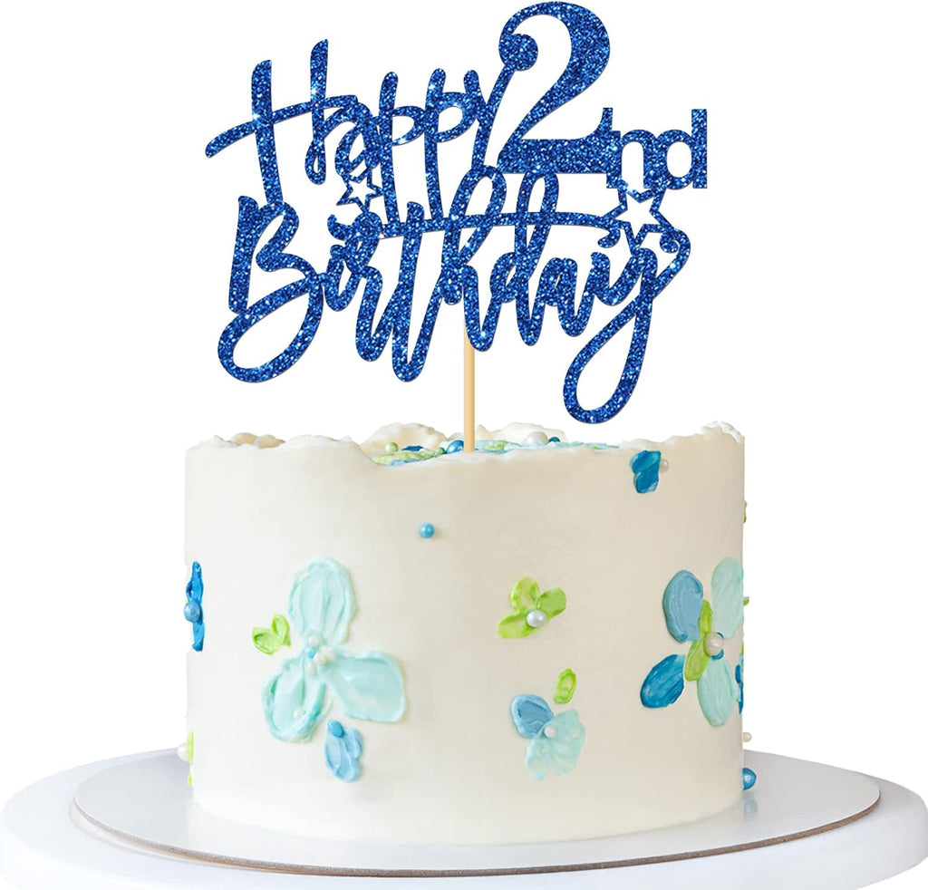 Happy 2nd Birthday Cake Topper - Kid Girl Boy Two Years Old Cake Supplies - Party Decorations - Blue Glitter