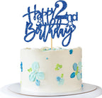 Happy 2nd Birthday Cake Topper - Kid Girl Boy Two Years Old Cake Supplies - Party Decorations - Blue Glitter