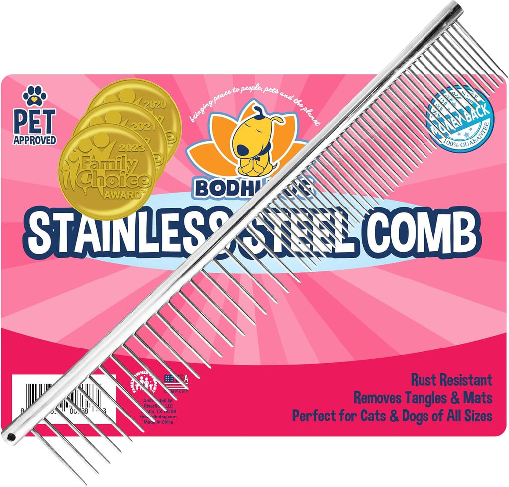 Bodhi Dog Stainless Steel Comb - Metal Detangler Grooming Brush for Dogs & Cats - Removes Knots, Tangles & Matted Fur - Ideal for Short & Long Hair - Reduces Shedding & Prevents Hair Breakage