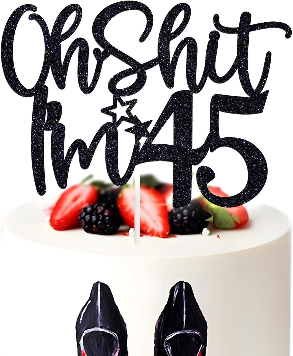 Oh Shit I'm 45 Cake Topper, Cheers to 45 Years, 45 Fabulous, Funny 45th Birthday Party Decorations Supplies for Men Women, Black Glitter
