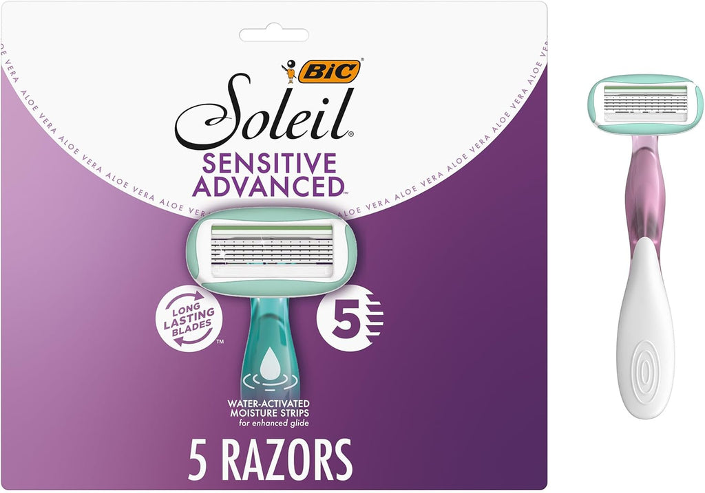 BIC Soleil 5 Sensitive Women's Disposable 5-Blade Razors, 360 Degree Moisture Strips and Pivoting Head, 5-Pack
