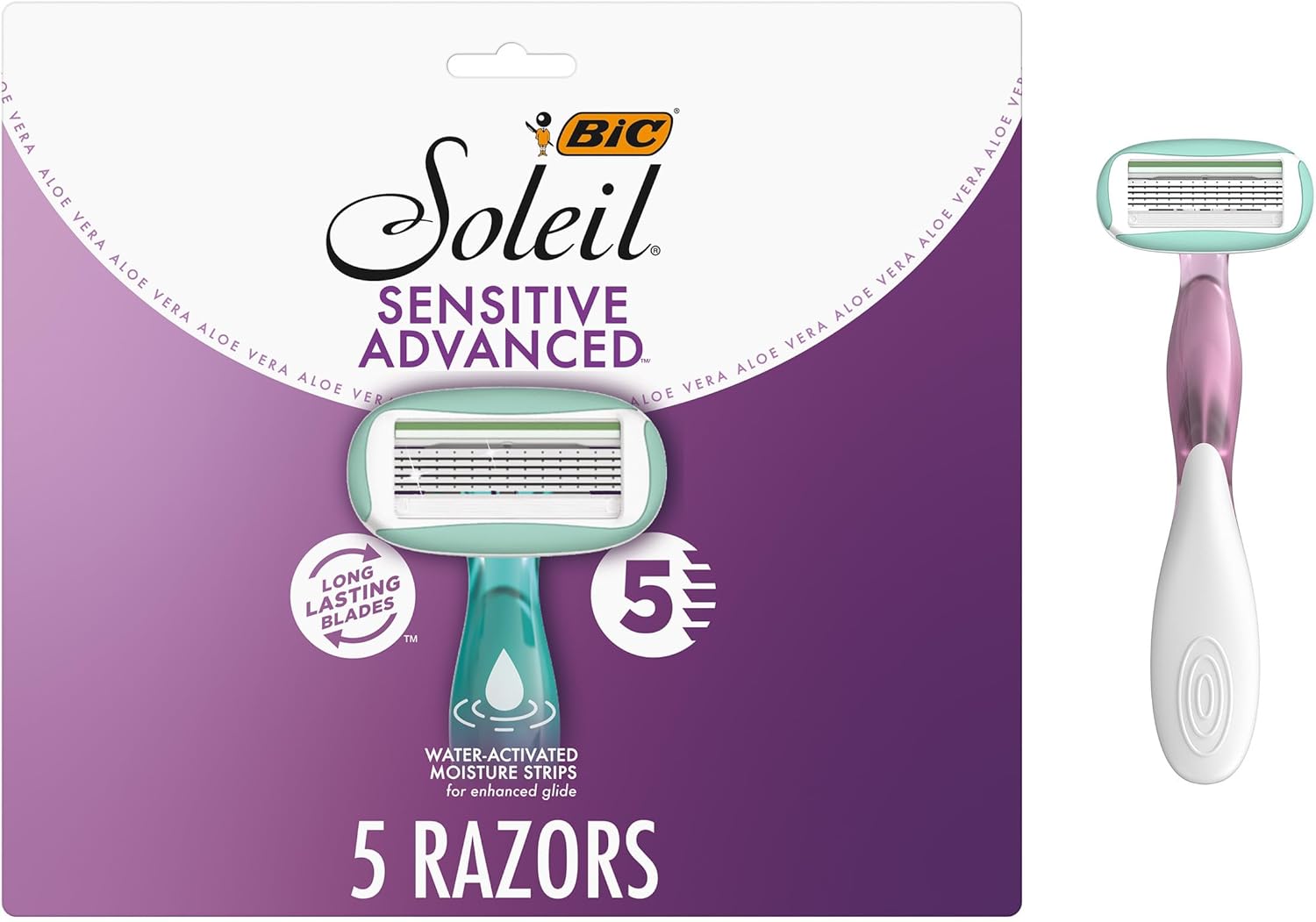 BIC Soleil 5 Sensitive Women's Disposable 5-Blade Razors, 360 Degree Moisture Strips and Pivoting Head, 5-Pack