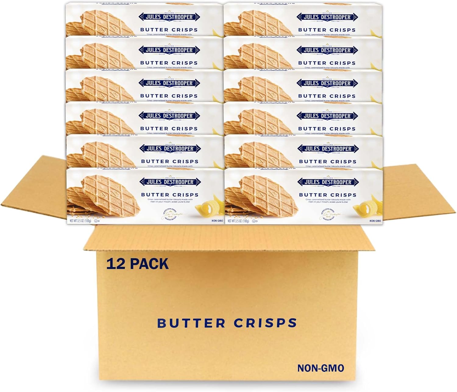 Jules Destrooper Butter Crisps - Caramelized Waffle Cookies, Certified Kosher Dairy, Non-GMO, Authentic Biscuits Made in Belgium - 3.5 Oz, Pack of 12