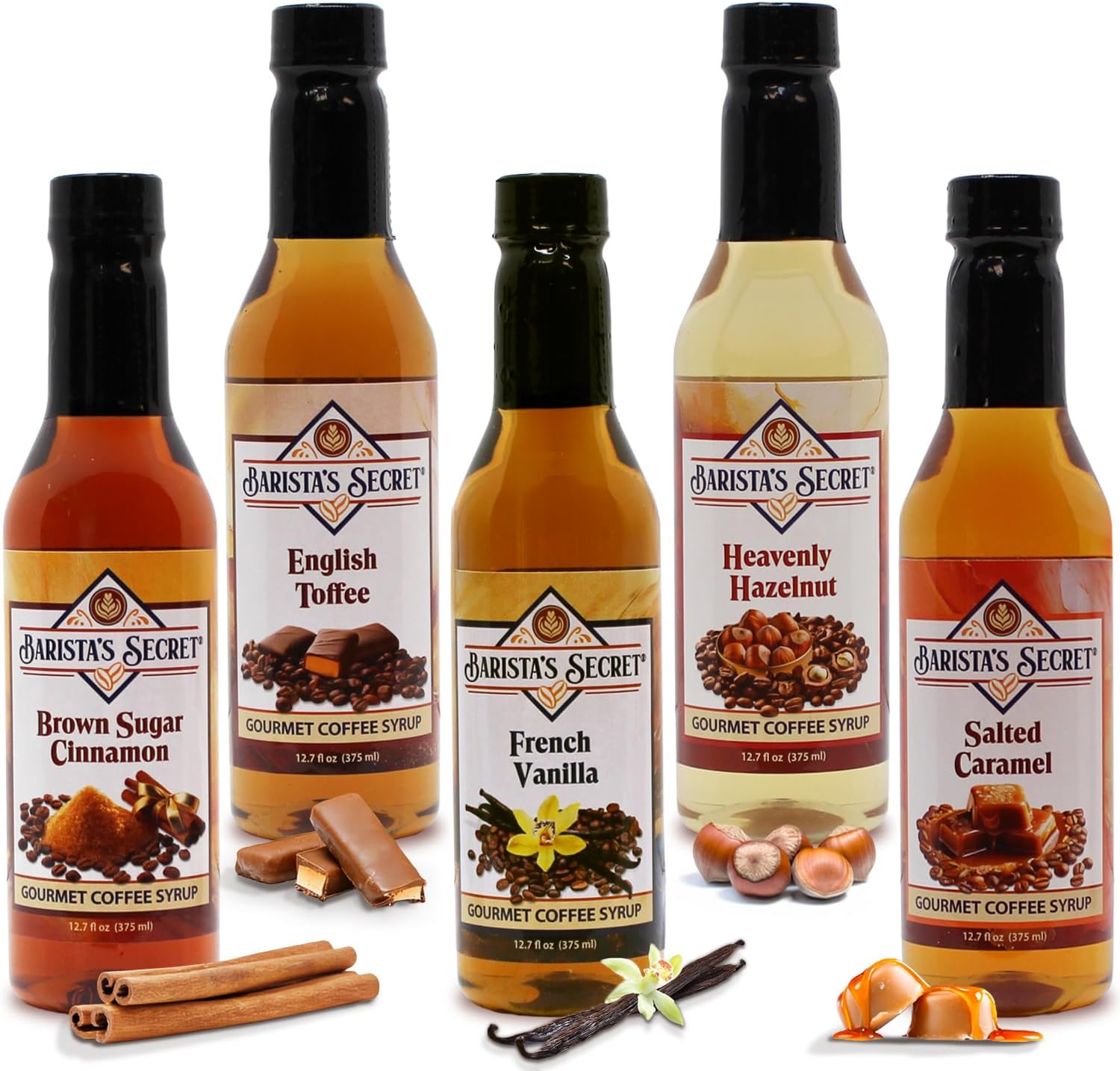 Barista's Secret® Coffee Syrups Variety Pack – Gourmet Flavored Syrup Set for Coffee, Drinks & Desserts – French Vanilla, Caramel, Hazelnut, Toffee, Brown Sugar Cinnamon – 5 Pack, 12.7 oz Each
