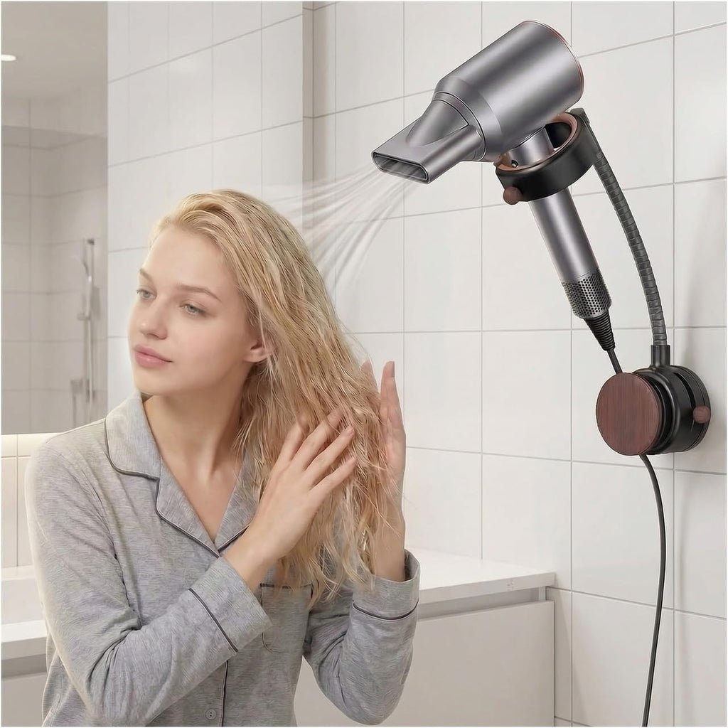 CTESNE【360° Rotating&No Drill Installation】Hands Free Hair Dryer Holder Wall Mount,Adjustable Height Suction Cup Blow Dryer Holder, Damage-Free Wall, with Cord Storage for Most Hair Dryers