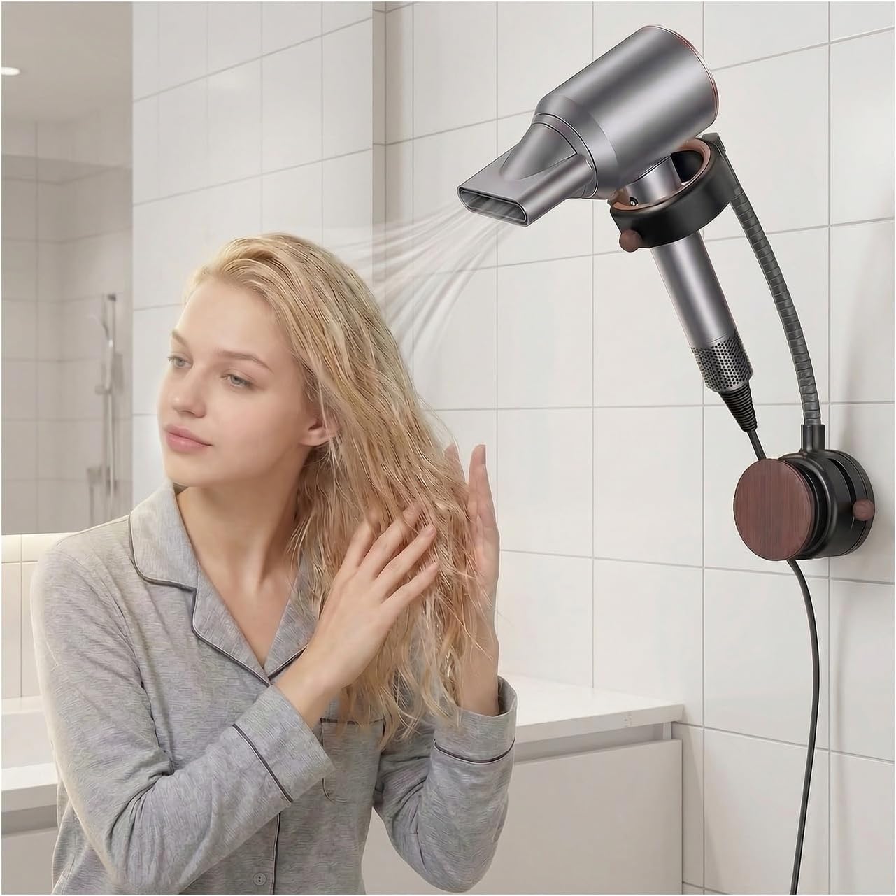 CTESNE【360° Rotating&No Drill Installation】Hands Free Hair Dryer Holder Wall Mount,Adjustable Height Suction Cup Blow Dryer Holder, Damage-Free Wall, with Cord Storage for Most Hair Dryers
