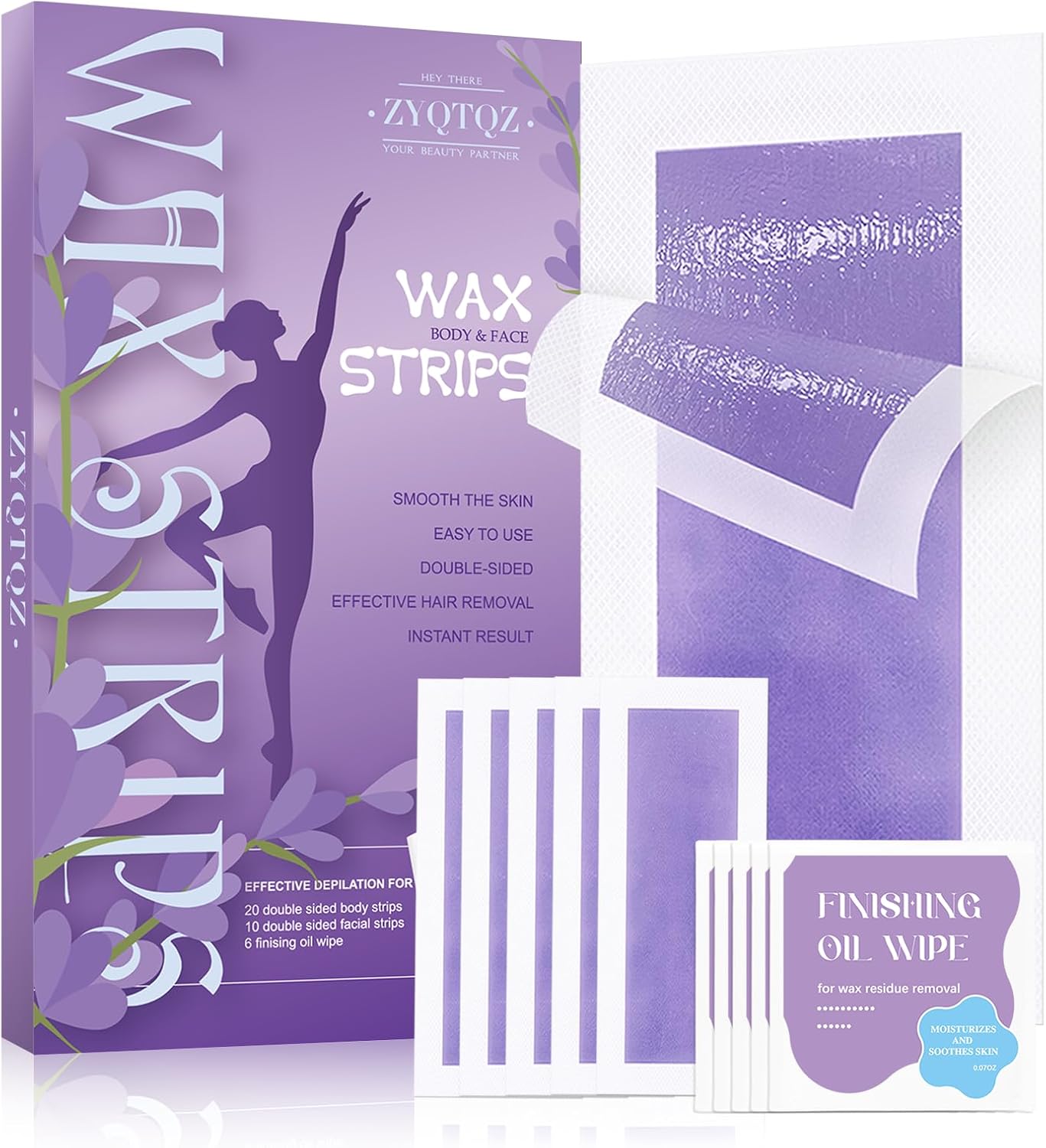 Wax Strips for Hair Removal - 60 Count (40 Body + 20 Face Strips) with 10 Soothing Oil Wipes, At-Home Waxing Kit for Women & Men - Legs, Bikini, Underarms, Face (60PCS (Pack of 1）, Vanilla)