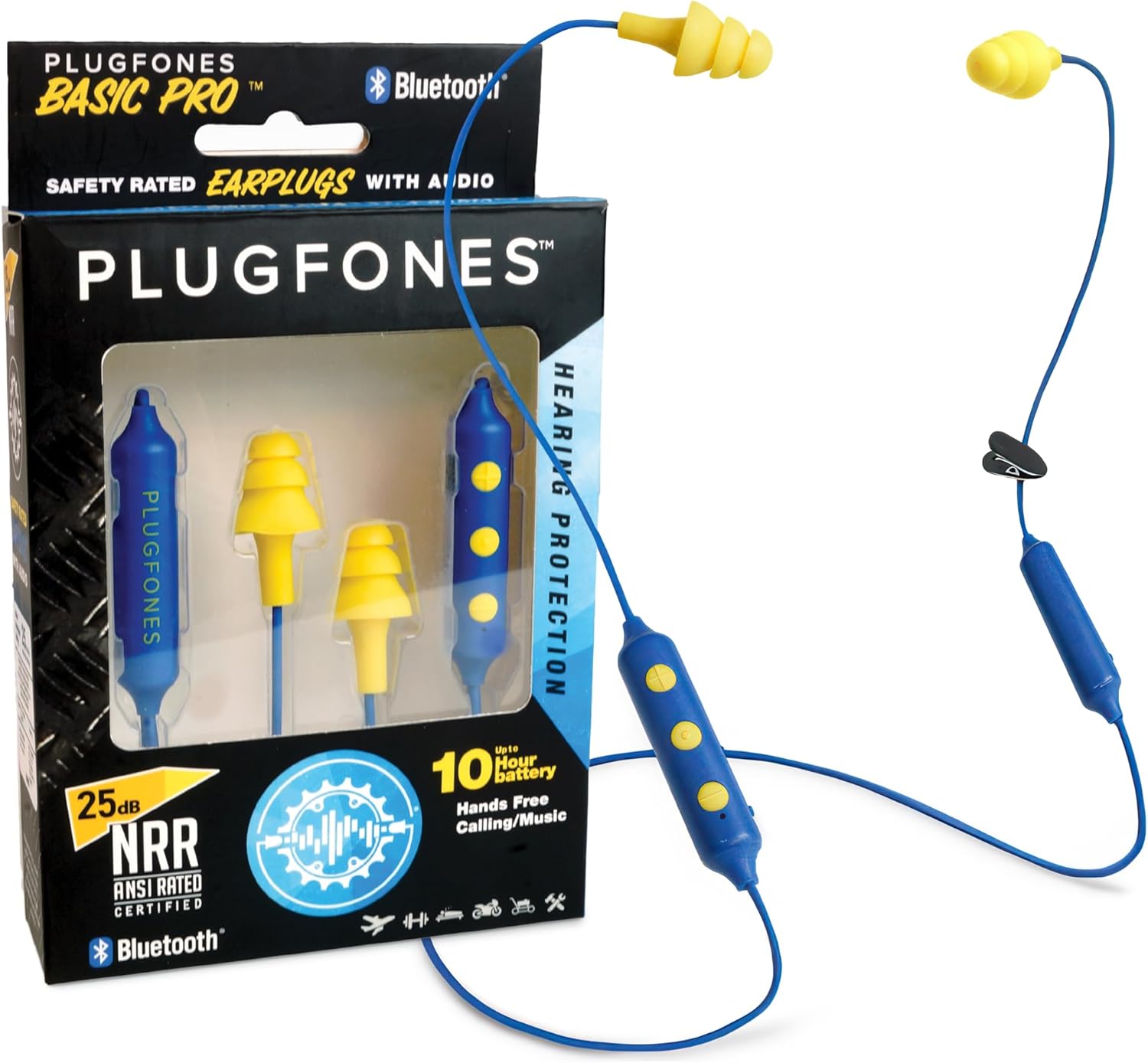 Plugfones Basic Pro Earplug Headphones Wireless Bluetooth in-Ear Earplug Earbuds 25 dB Noise Reduction Rating OSHA Approved Hearing Protection with Noise Isolating Mic and Controls (Blue & Yellow)