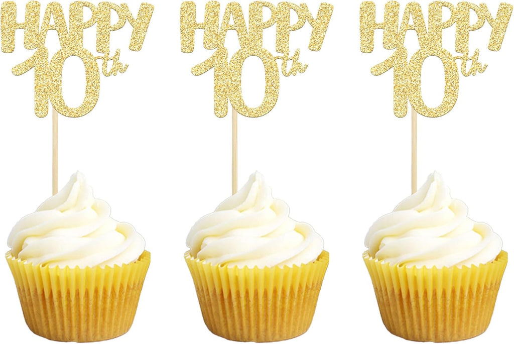 Gyufise 24 Pack Happy 10th Cupcake Toppers Gold Number 10 Cupcake Picks for 10th Birthday Celebrating Wedding Anniversary Party Cake Decorations Supplies
