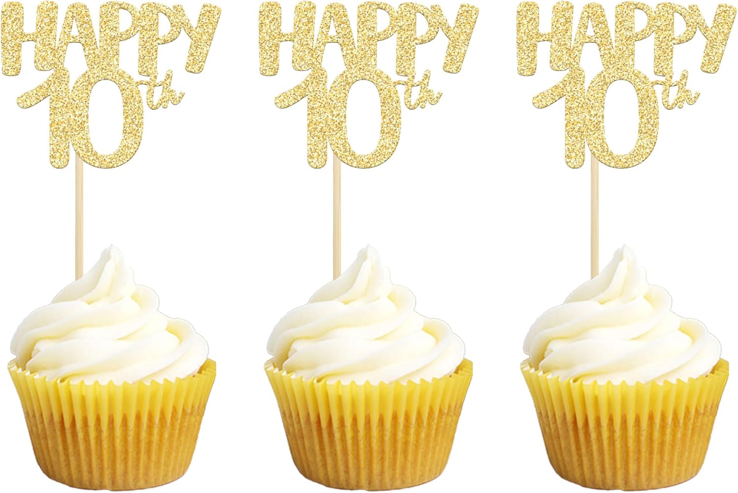 Gyufise 24 Pack Happy 10th Cupcake Toppers Gold Number 10 Cupcake Picks for 10th Birthday Celebrating Wedding Anniversary Party Cake Decorations Supplies