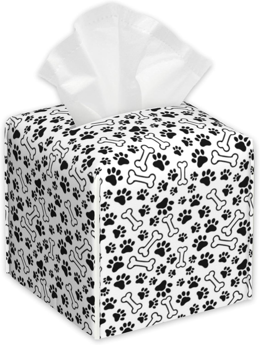 Animal Paws Tissue Box Cover,Dog Bones PU Leather Tissue Box Holder Square,Modern Home Decoration for Bathroom Living Room Kitchen Office Car,5.2"×5.2"×5.2"