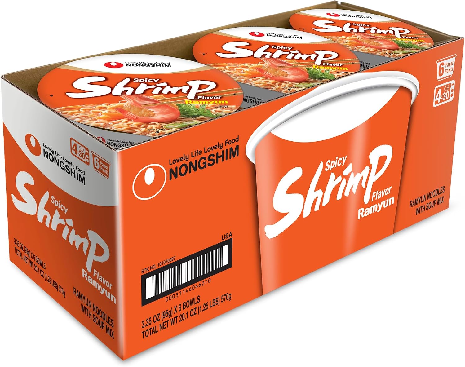 Nongshim Spicy Shrimp Big Bowl Instant Ramyun 3.35 Oz (Pack of 6)