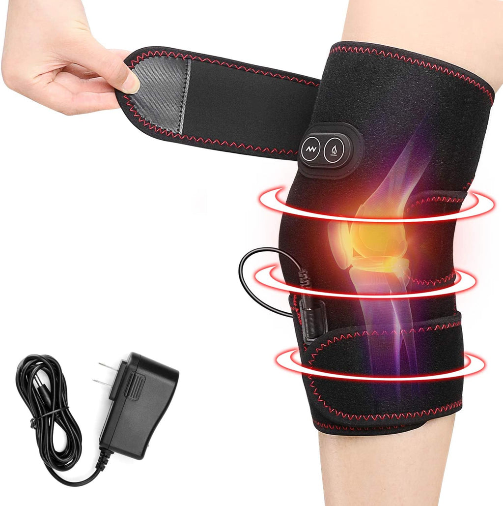 Heated Knee Brace Wrap, 3 Adjustable Heat and Vibration Massager for Arthritis Knee Pain Relief Massaging Knee Pad with AC Adapter (No Battery)
