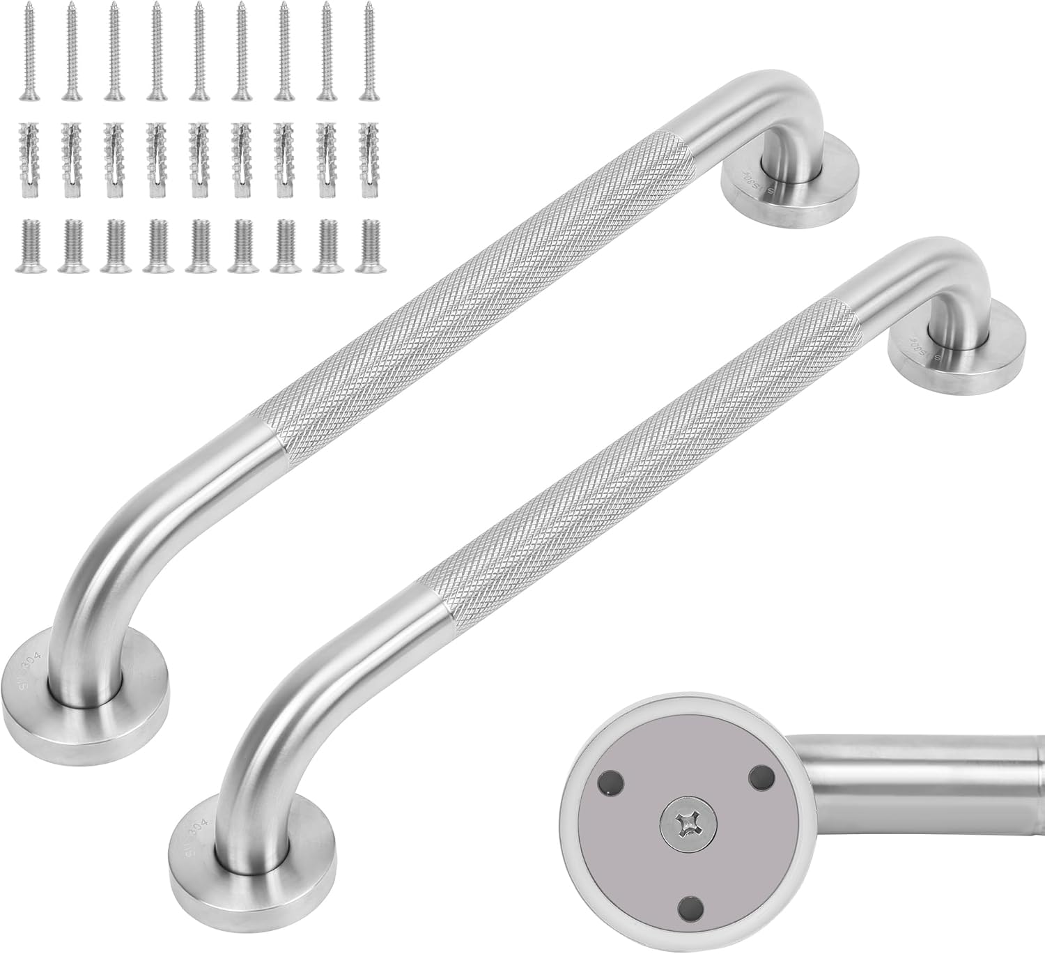 16 Inch Brushed Silver Stainless Steel Grab Bar with Knurled Grip, Sturdy & Stable Handicap Grab Bars,Space-Saving Wall Mounted Shower Grab Bars,Safety Hand Rail Support to 500 lbs,ADA Compliant