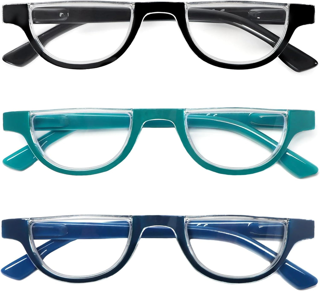 DXYXYO Half Moon Reading Glasses for Women, 3 Pack Small Semi Frame Readers with Spring Hinge Blue Light Blocking