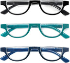 DXYXYO Half Moon Reading Glasses for Women, 3 Pack Small Semi Frame Readers with Spring Hinge Blue Light Blocking