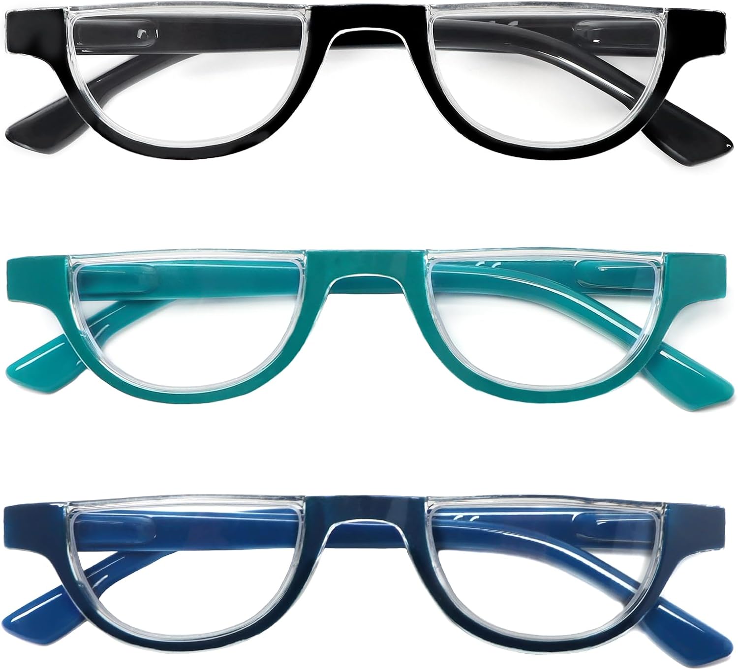 DXYXYO Half Moon Reading Glasses for Women, 3 Pack Small Semi Frame Readers with Spring Hinge Blue Light Blocking