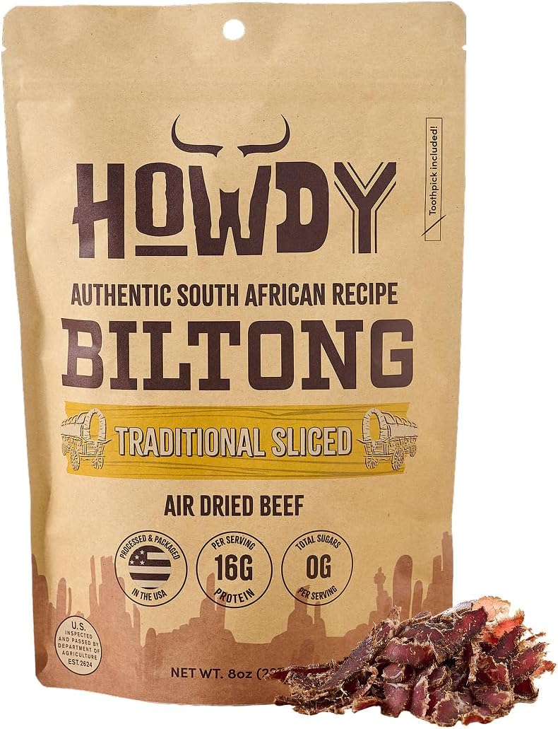 Howdysnax Handcrafted Authentic Small Batch Beef Biltong Traditional Slices 8oz. Sugar Free Paleo Keto Friendly High Protein Jerky Snack (8oz Packs)