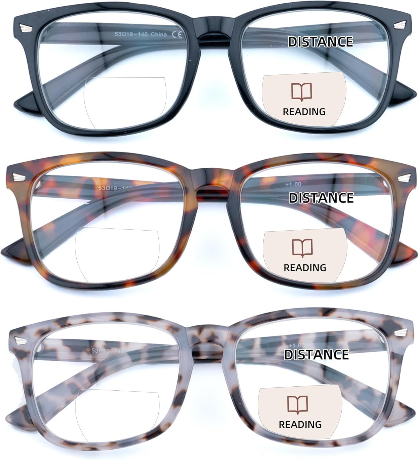 3 Pack Bifocal Reading Glasses for Women Men Bi-focal Readers PC Frame Fixed Hinge Dual Focal Clear Top Eyewear, +1.75