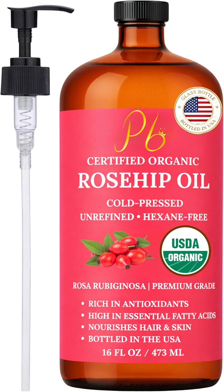 Rosehip Oil – USDA Organic 100% Pure, Cold-Pressed & Unrefined, Rosehip Oil for Face, Skin & Hair– Helps Reduce the Appearance of Fine Lines & Wrinkles – Rose Hip Seed Oil16 fl oz Glass Bottle