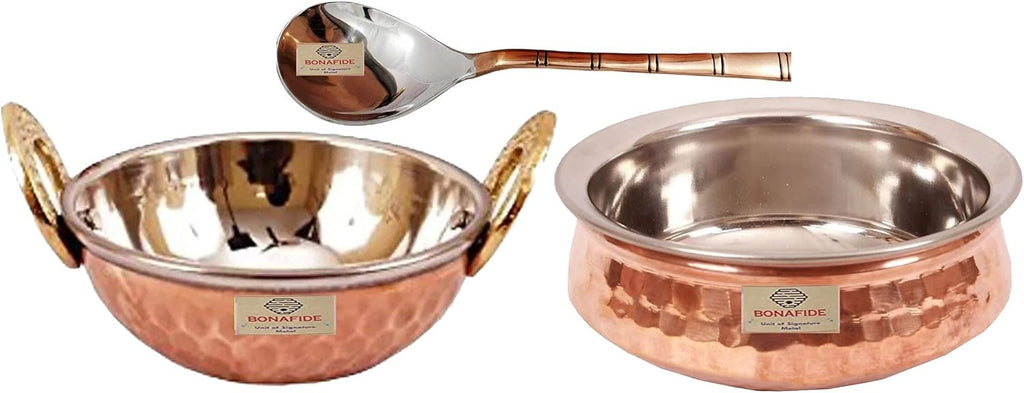 bona fide copper Serving Bowl,Stainless Steel Hammered Karahi and bowl Indian Dishes Serve Ware and tableware(7 inch diameter,(500 ml each) with serving spoon,copper bowl small set only for serving