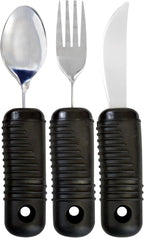 3 Piece Super Easy Grip Flatware Set - Bendable Built Up Utensils - Fork, Knife, and Spoon (Standard) - Black
