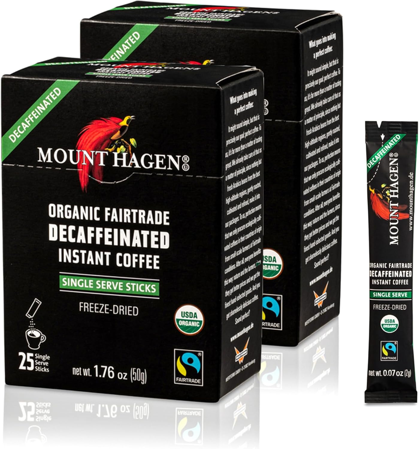 Mount Hagen 25 Count Single Serve Instant Decaf Coffee Packets - 2 Pack | Decaffeinated Organic Medium Roast Arabica Beans | Eco-friendly, Fair-Trade [2 x 25 sticks/1.76oz/50g]