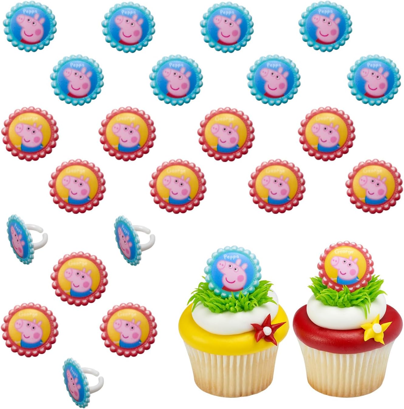 DecoPac Peppa Pig Siblings Rings, Cupcake Decorations Featuring Peppa and George, Blue and Yellow 3D Food Safe Cake Toppers – 24 Pack