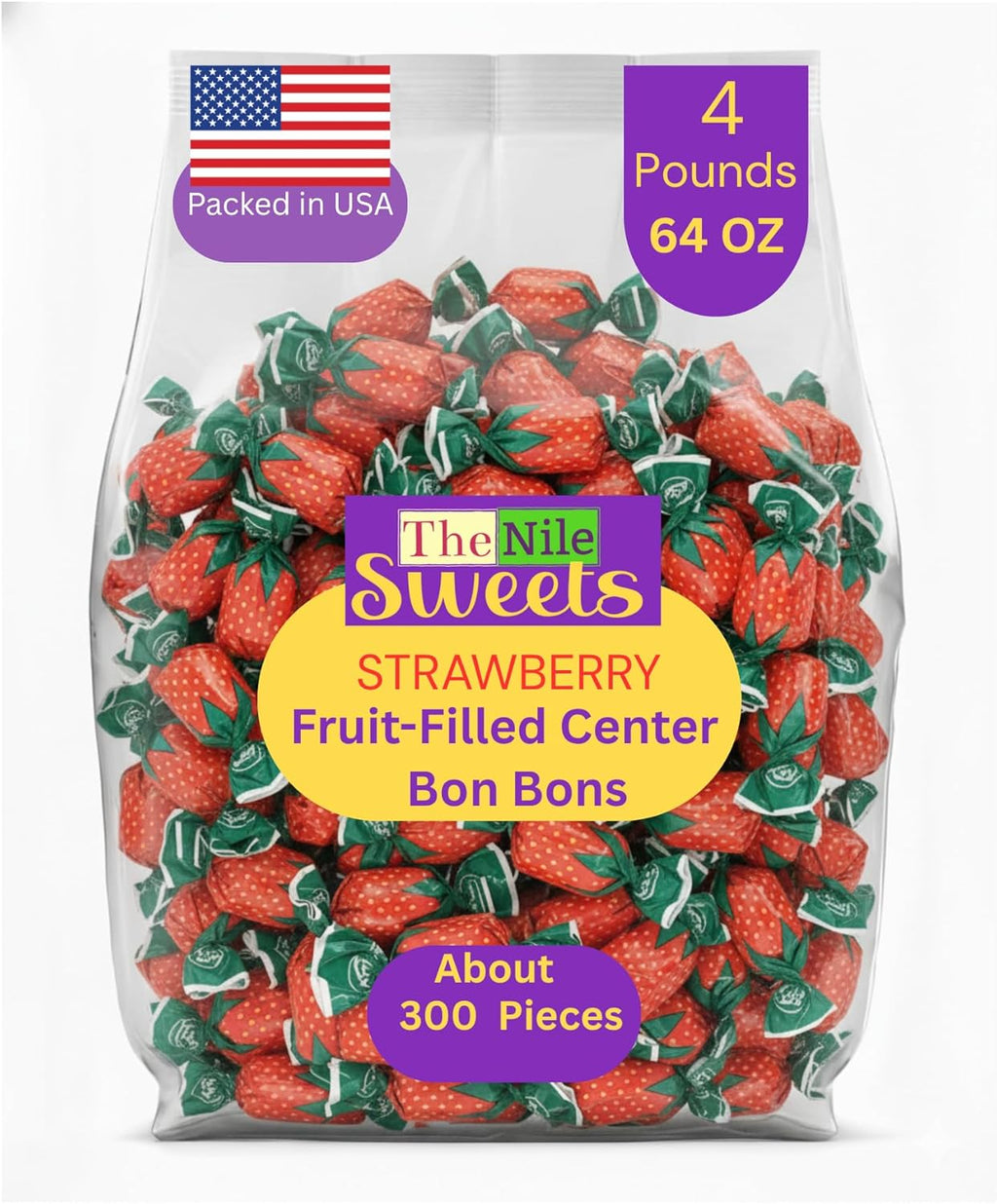 Arcor Strawberry Bon Bons by The Nile Sweets | 4 lbs of Strawberry Filled Hard Candy | Individually Wrapped Bon Bons | Deliciously Sweet Candy from Argentina (4 POUND)