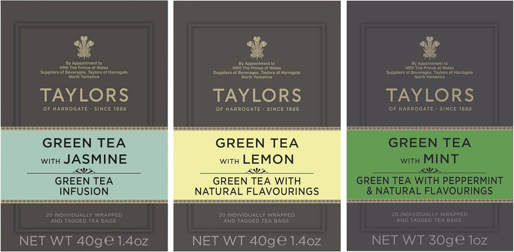 Taylors of Harrogate Green Tea Variety Pack, Individually Wrapped Bags, Jasmine, Lemon, Mint 20 Count (Pack of 3), Caffeinated, Enjoy Hot or Iced, 60 Teabags