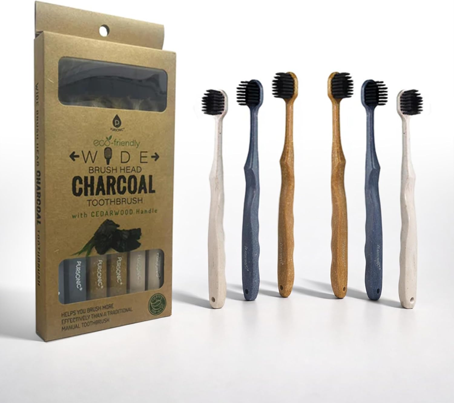 Pursonic Wide Head Toothbrush Set with Cedarwood Wooden Handle & Soft Charcoal Bristles - Travel Friendly Natural Oral Care Brushes with Comfortable Grip Design for All Age Groups - Pack of 6