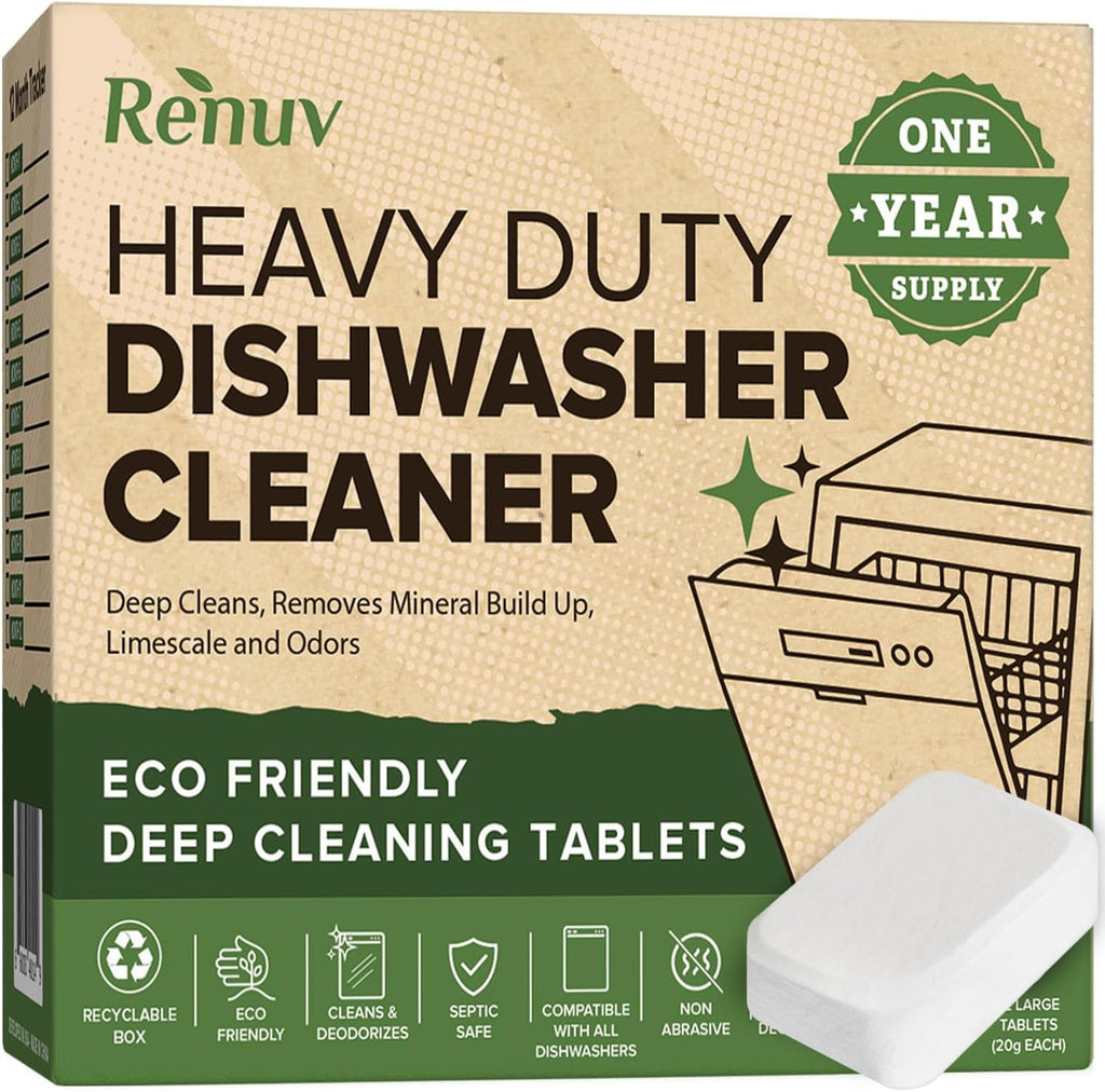 Renuv® Heavy Duty Dishwasher Cleaner & Deodorizer Tablets, Descaler, Deep Cleaning, Natural Odor & Smell Remover, Calcium, Limescale, Hard Water Marks, Grease, Septic Safe Pods (12 Tabs 1 Yr Supply)