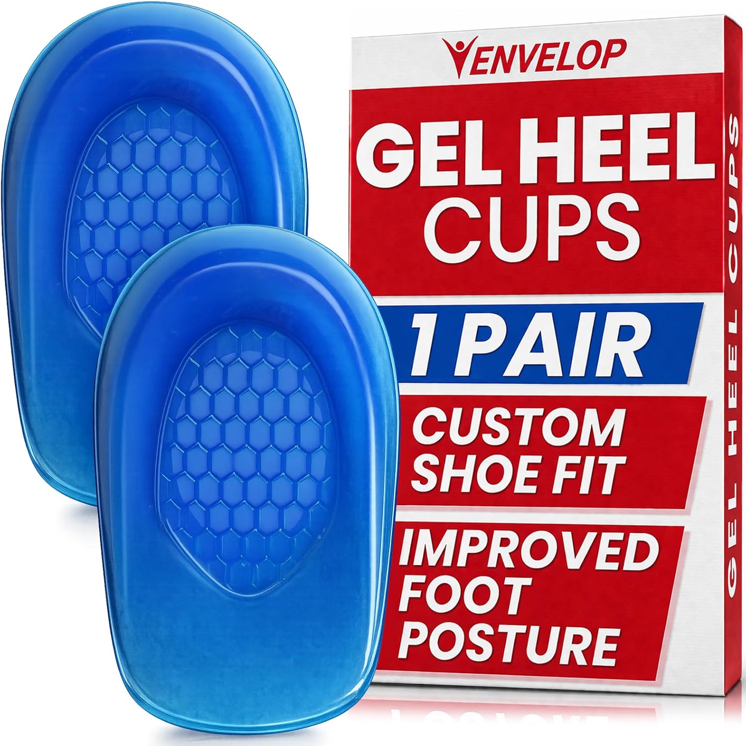 Vive Envelop Gel Heel Cups - Heel Cushion for Women, Men, Bone Spur, Plantar Fasciitis Support - Shoe Inserts Provide Foot Pain Relief for Achilles, Feet Arch, Kids - Shock Absorbing Protector Pad