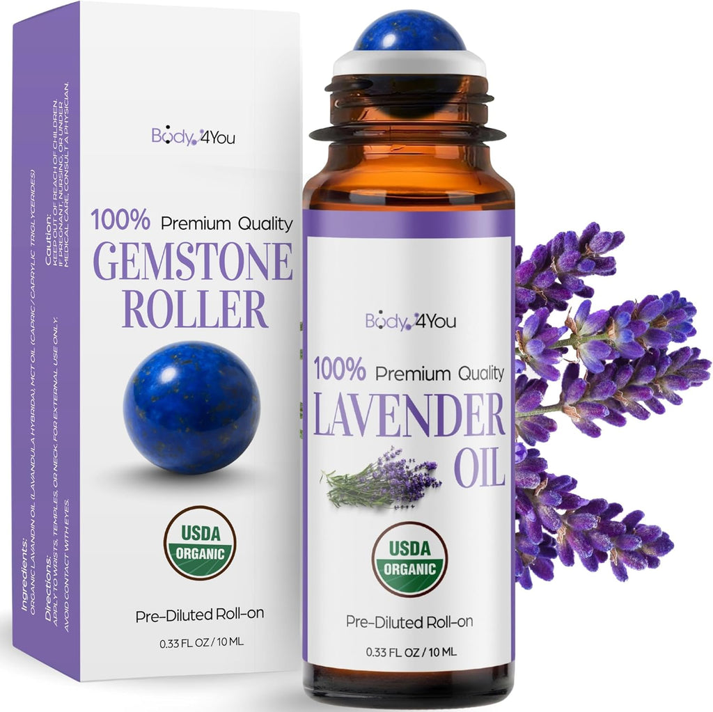 Lavender Essential Oil Roll On for Sleep Anxiety Stress Relief - 100% Pure USDA Organic Pre-Diluted MCT Coconut Oil - Calming Relaxing Bedtime Aromatherapy Yoga - Gemstone Roller 10ml Travel Size