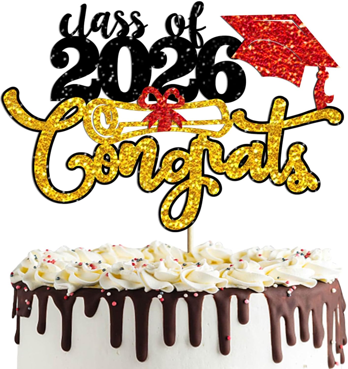 Congrats Class of 2026 Cake Topper - Black Gold Glitter Congrats Grad Cake Decor for Senior High School/University Graduation/College/So Pround of You/2026 Graduation Party Cake Supplies Decoration