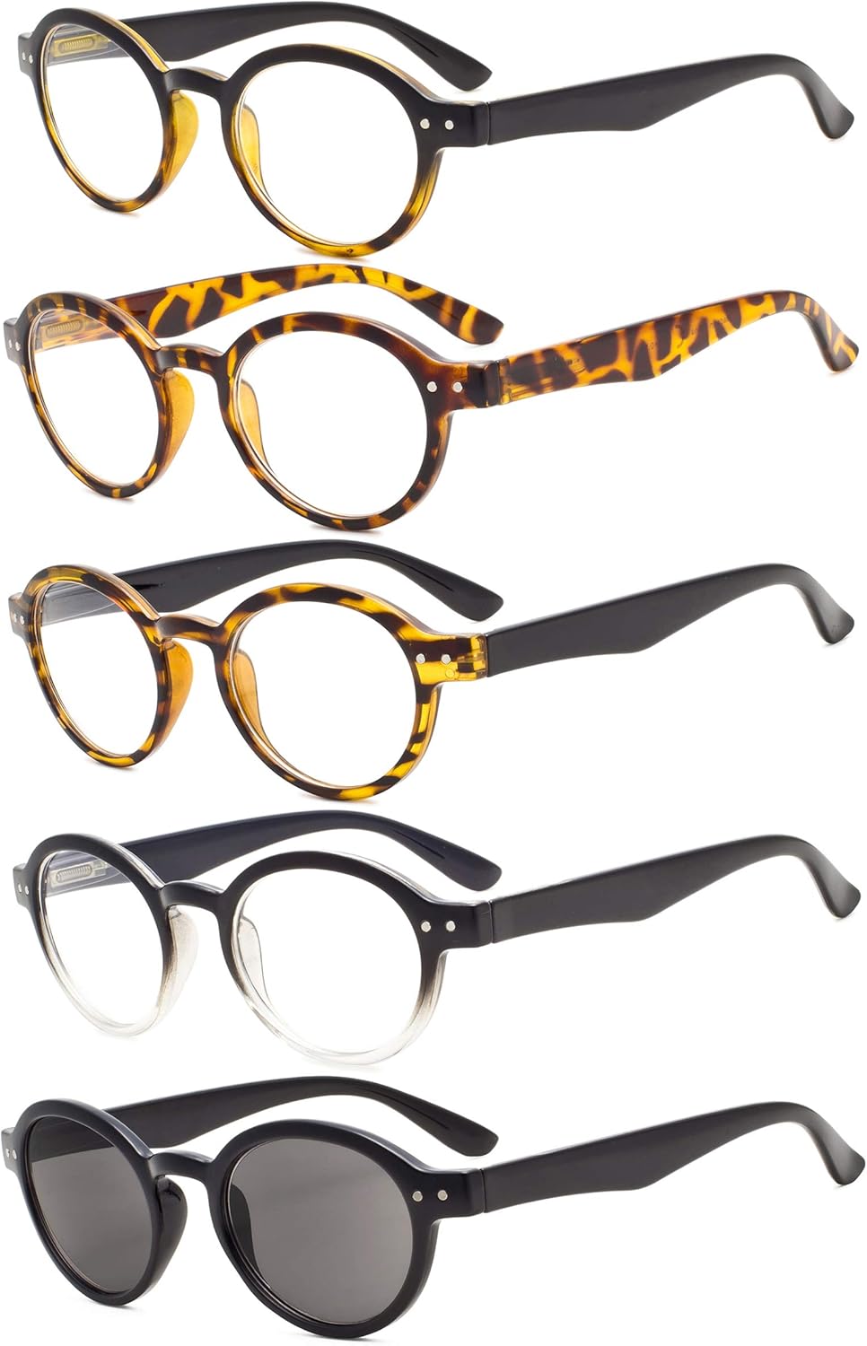 Eyekepper 5-Pack Spring Hinges Round Retro Reading Glasses Inc Sunshine Readers +1.00