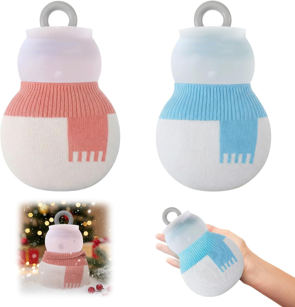 Amylove 2 Pcs 320 ml Mini Hot Water Bottle with Removable Knitted Cover, Winter Snowman Small Hot Water Bag Microwave Heating Soft Silicone Leak Proof for Pain Relief Women Valentine's Day Gifts