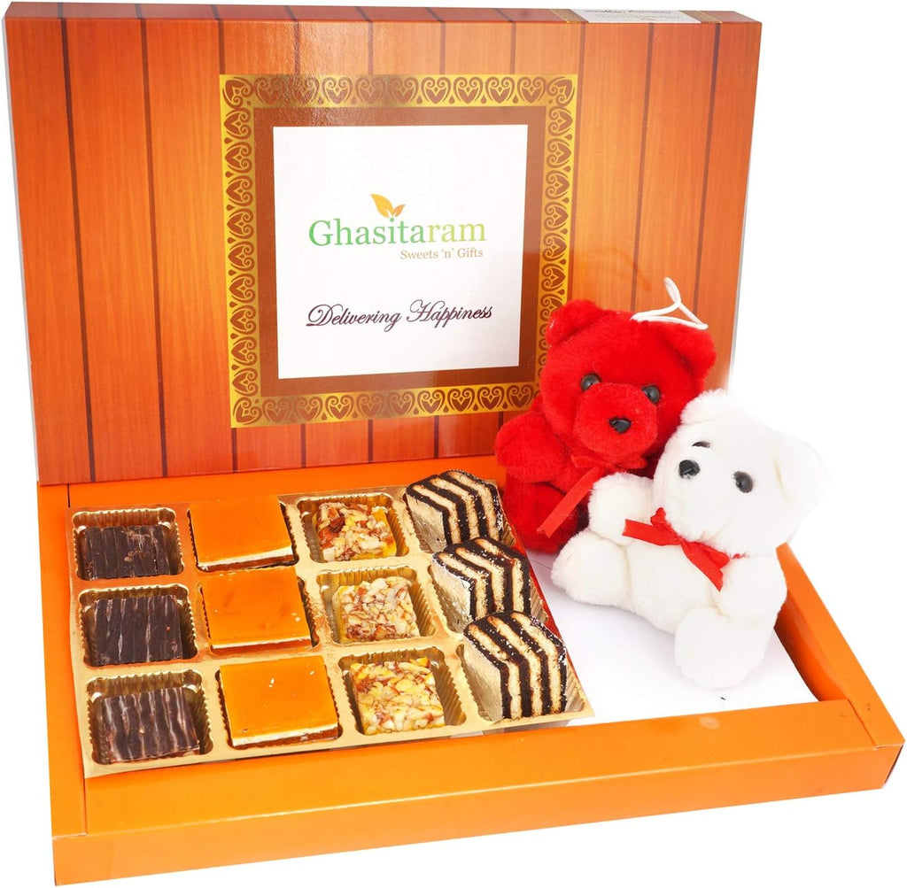 Ghasitaram Gifts Valentines Gift for Girlfriend/Boyfriend/Husband and Wife - Valentine Sweets Sweetheart Special Delights Box and 2 Teddies