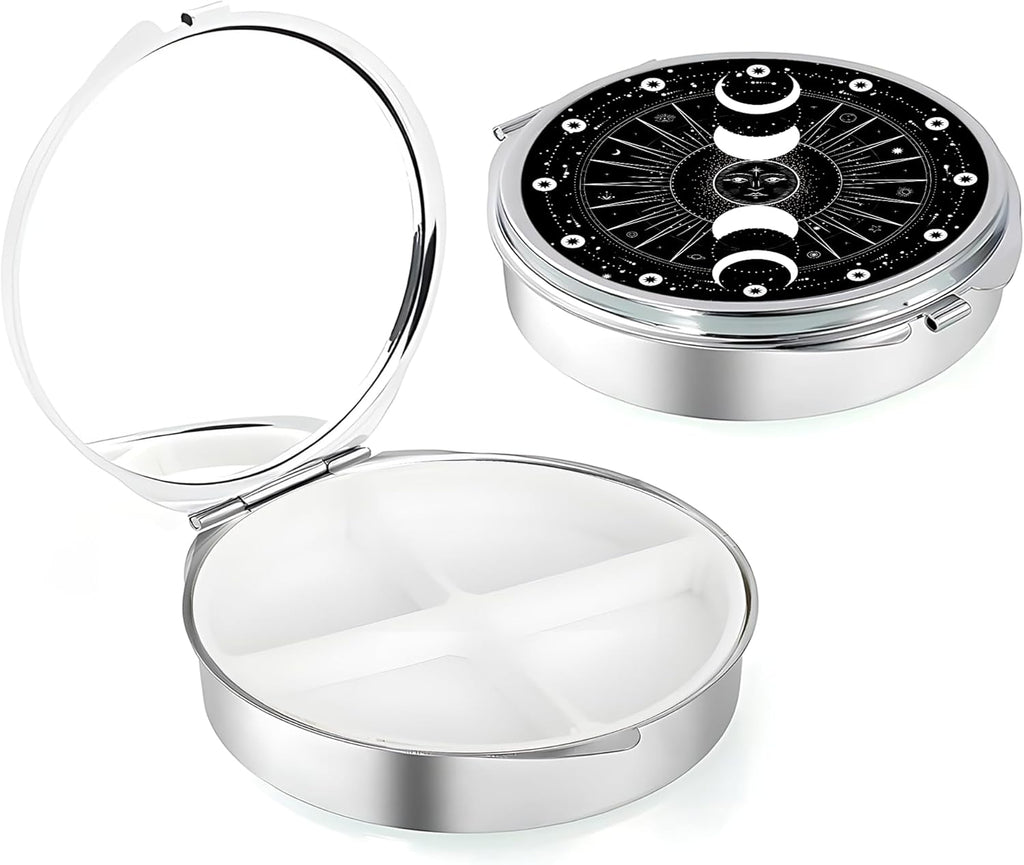 Weekly Pill Case, Medicine Planner, Vitamin Organizer Box, Portable Daily Pill Box with Compartments,Pocket Purse Metal Medicine Organizer Unique Gifts,Sun Moon