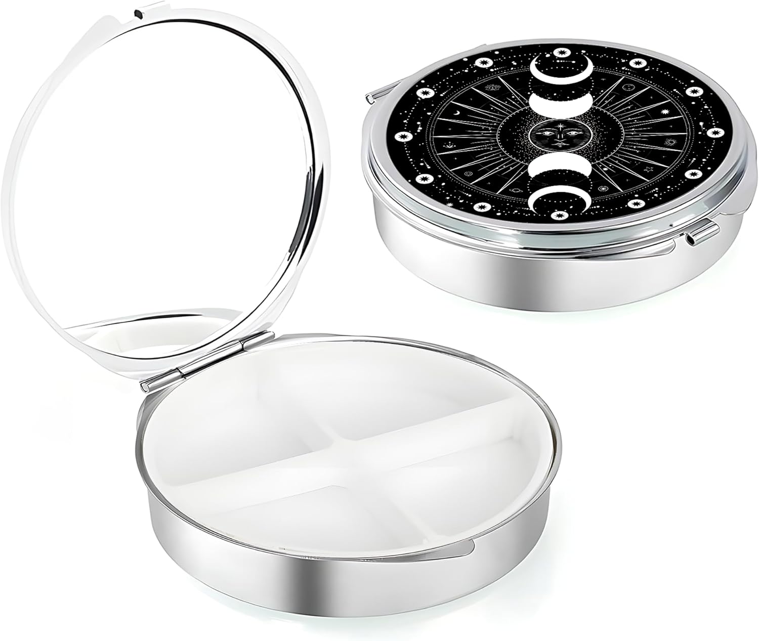 Weekly Pill Case, Medicine Planner, Vitamin Organizer Box, Portable Daily Pill Box with Compartments,Pocket Purse Metal Medicine Organizer Unique Gifts,Sun Moon